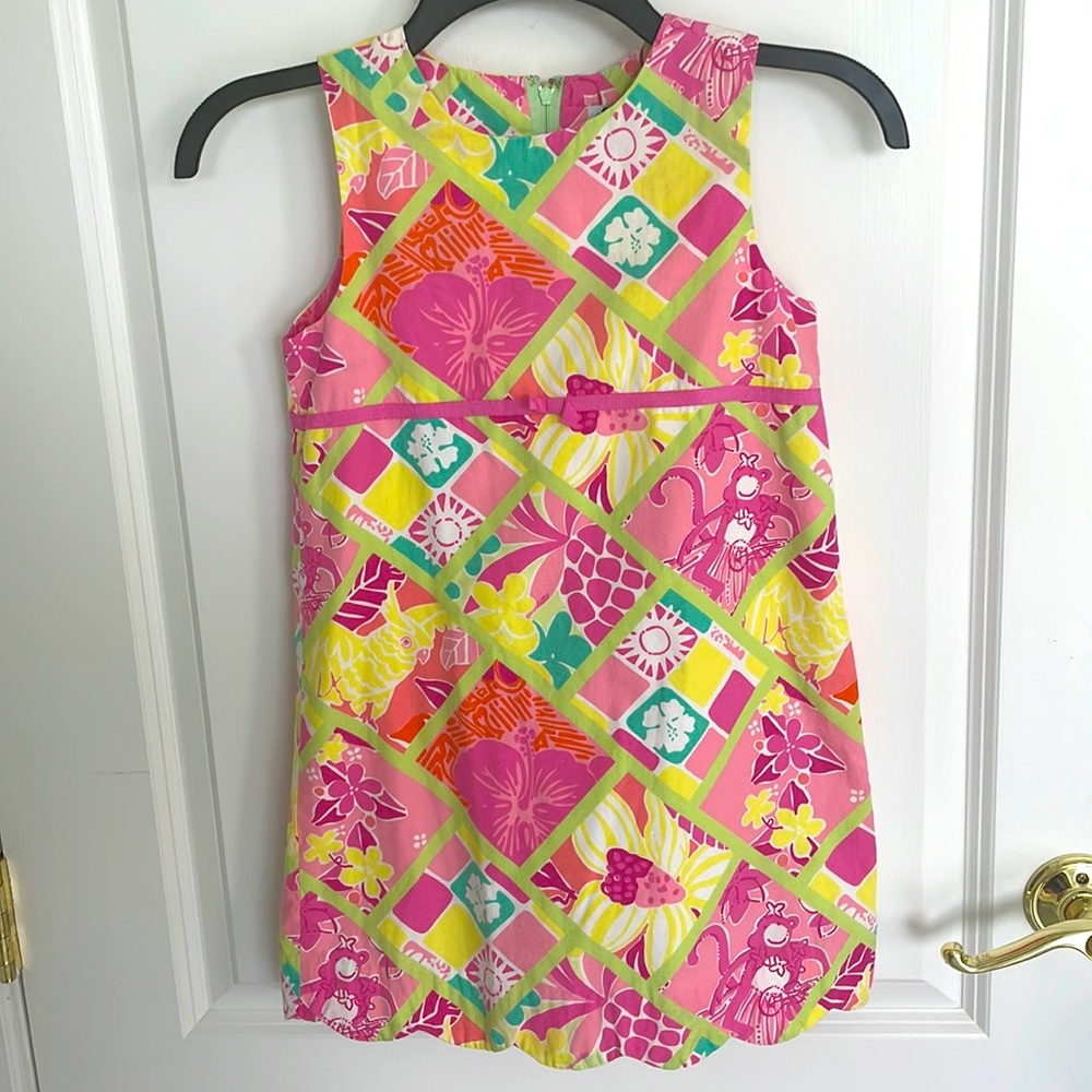 Lilly Pulitzer Shift Dress Patch Print Pink and Green Size 6X Girls